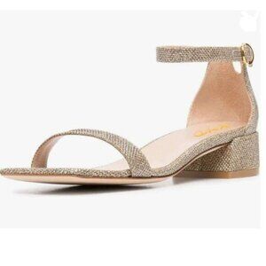XYD Tan Glitter Open Toe Ankle Strap Buckled Low Chunky Heel Sandals